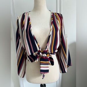 Striped Tie-Front Crop Top in Navy, Mustard & Burgundy